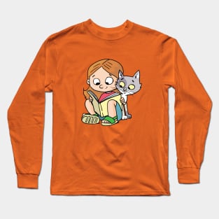 girl reads a picture book and a cat peeks into it Long Sleeve T-Shirt